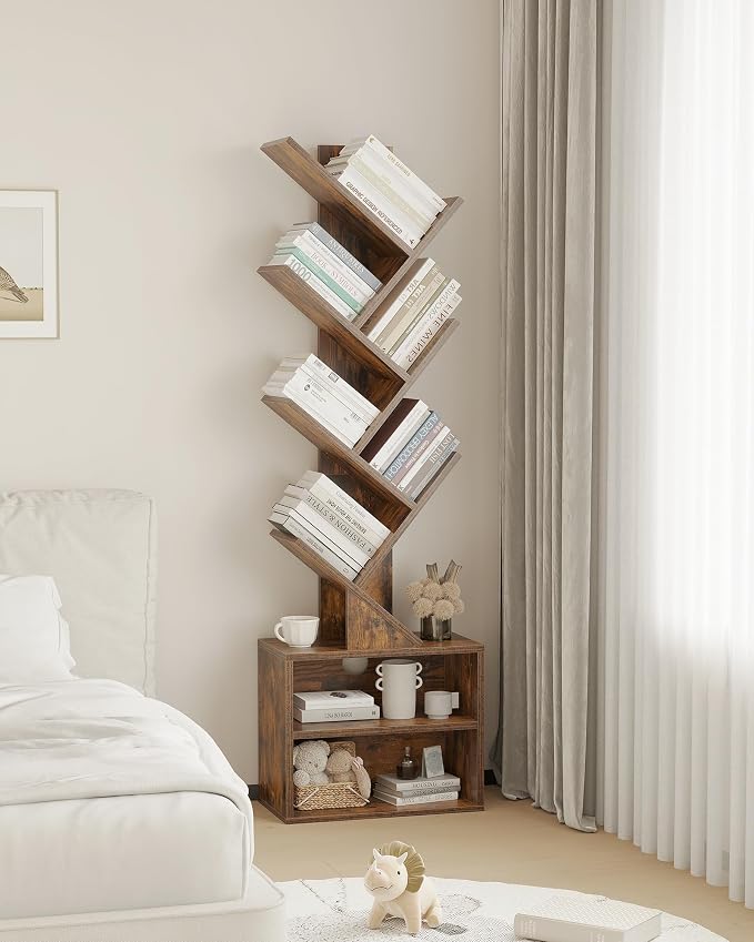 SUNMORY 6 Tier Tree Bookshelf, Tall Small Bookcase with Storage Cabinet | Modern Narrow Bookshelves Organizer, Floor Standing Book Case Shelf for Bedroom Living Room Home Office Corner, Rustic Brown