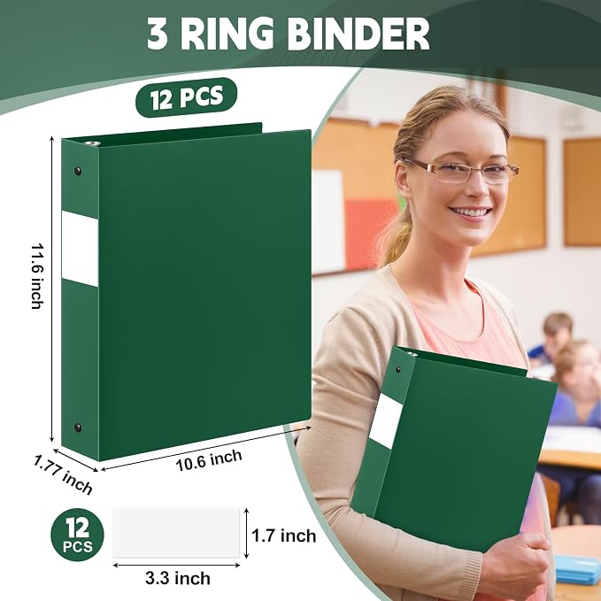 Henoyso 12 Pcs 1.5 Inch 3 Ring Binders, Letter Size,Dark Green | Binders Bulk, Holds 350 Sheets, Round Rings, Durable Flexible PP Plastic Covers, Pockets Labels, School Office Supplies
