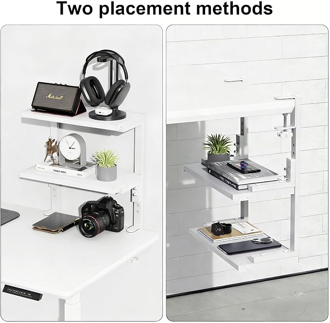 2-Tier Desk Shelf | Desk Organization Expandable Clamp on Desk Shelf Desktop Accessories for Offices and Game Rooms (White)