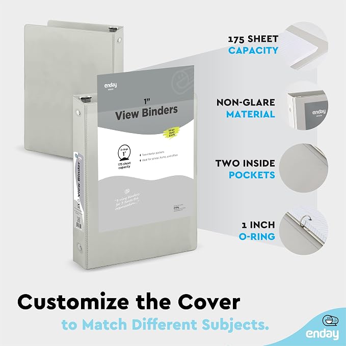 Enday 1 Inch Binder (6 Pack - Grey) 3 Ring Binder 1 inch with Clear View Cover and 2 Inside Pocket - for Letter Size 8.5 x 11'' Paper, Ideal for School Supplies, Office, and Home