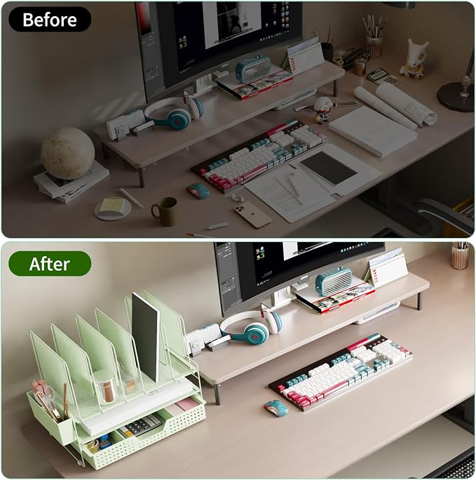 LEKETREE Green Desk Organizer, Office Organization with Vertical File Holder, File Organizer with Drawer and Pen Holder, Desk Accessories and Workspace Organizers for Home Office (Green)
