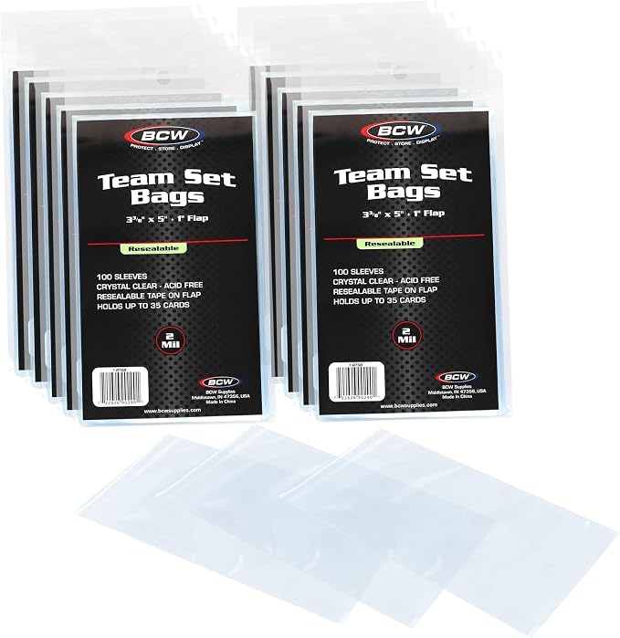 BCW Resealable Team Set Bags for Trading Cards, 100 Count | Holds up to 35 loose cards, 5 standard 35 pt toploaders, or magnetics up to 108 pt with an adhesive flap closure.