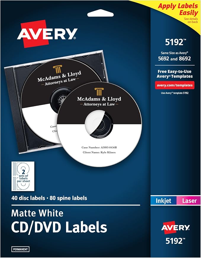 Avery Printable CD Labels, Matte White, Permanent Adhesive, Laser/Inkjet Printable, 40 Blank CD & 80 Blank Spine Stickers, Great for DVD, PC Discs, and More (5192)