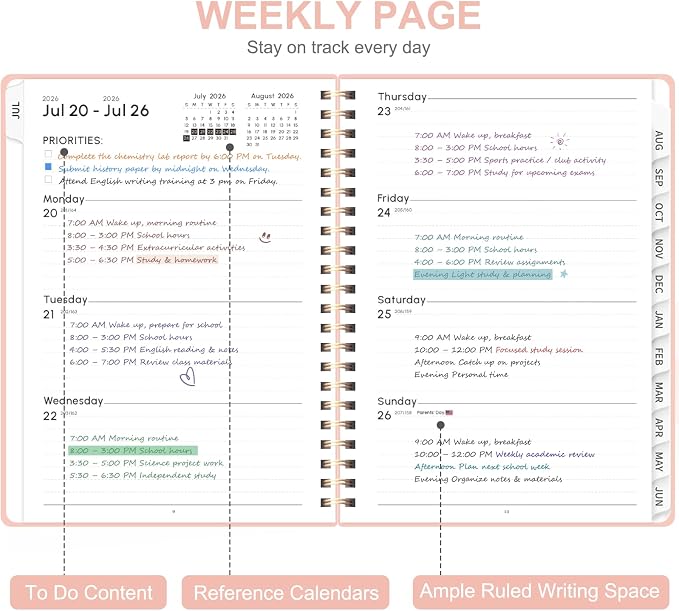 Planner 2026-2027, Weekly and Monthly Academic Year Calendar Planner, July 2026 - June 2027, Daily Agenda Book for Office School Supplies, A5(6.3'' x 8.5'')