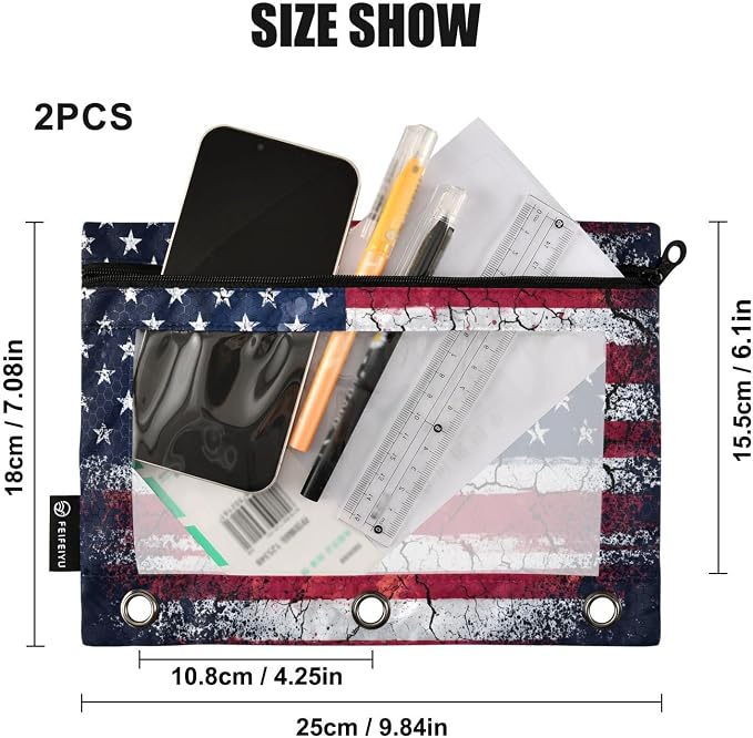 Retro American Flag Pencil Pouch for 3 Ring Binder, 2 Pack Waterproof Pencil Bags Clear Window Pencil Case Zipper School Office Supplies
