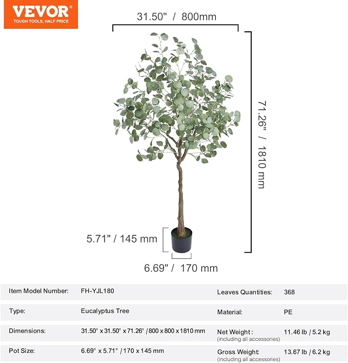 VEVOR Artificial Eucalyptus Tree, 6 FT Faux Plant, Secure PE Material & Anti-Tip Tilt Protection Low-Maintenance Plant, Lifelike Green Fake Potted Tree for Home Office Christmas Decor Indoor Outdoor