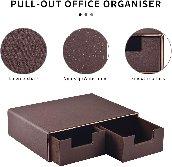 Linen Leather Desk Organizer and monitor stand with Drawers－Mini Desktop Drawer Organizer Stackable－Tabletop Organization Storage Box for Office Supplies Home Vanity Toiletries (Brown, 2-drawers)