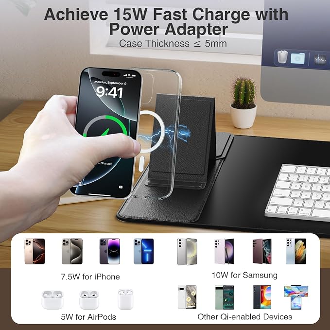 Wireless Charging Mouse Pad with Foldable Phone Holder, 31.5"x15.8", Black | Extended Desk Mat for Laptop/Keyboard, Waterproof Ultra-Smooth Surface, Non-Slip Base & 20W PD Adapter