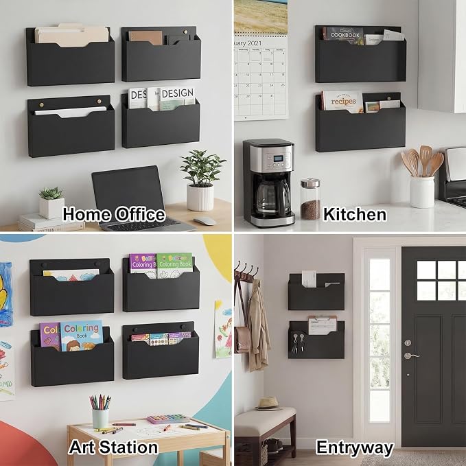 Feifeiya 2 Pcs Black Acrylic File Holder Wall Mount Mail Magazine Organizer File Holders with Screw Wall Office Document Storage Magazine Brochure (14"x8.3"x2.4", Widening Horizontal, Black )