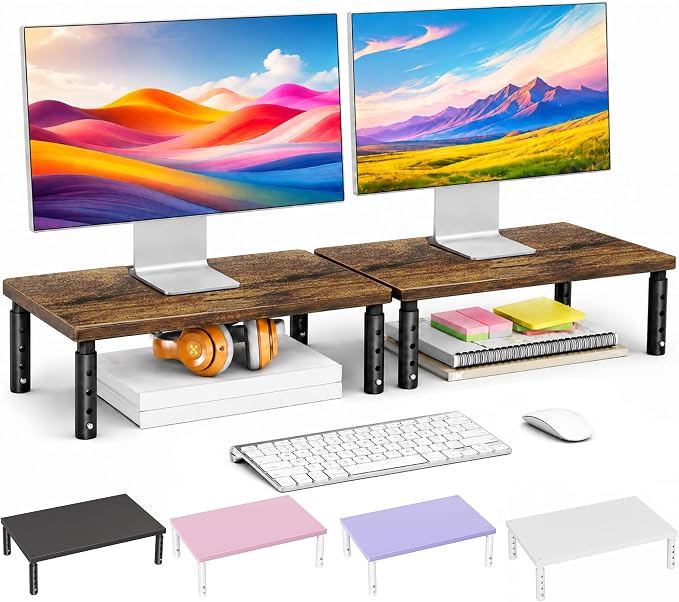 Adjustable Monitor Stand Riser for Desk, Wood Computer & Laptop Stand, Desk Organizers and Accessories, Office Desk Accessories & Workspace Organizer for Home Office Supplies, Brown 2-Pack