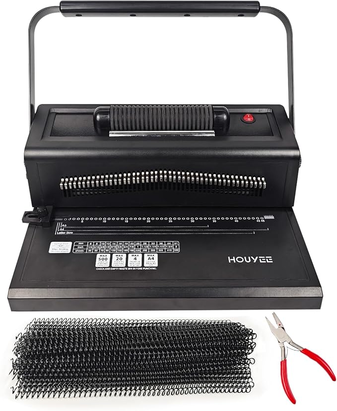 HOUYEE Spiral Coil Binding Machine with 100 Pack 3/8"(10mm) Coils & Pliers | 4:1 Pitch, 20 Sheet Punch Capacity, Quick Electric Coil Insert, 46 Disengaging Pins, Adjustable Margin,Fit Letter Size/A4/A5