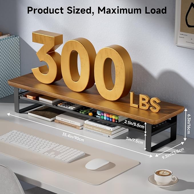 Dual Monitor Stand, 35.4 Inch Monitor Stand Riser for 2 Monitors, 2 Tiers Wood Desk Shelf with Storage, Desktop Organizer Stand for Computer, Laptop, Printer, TV