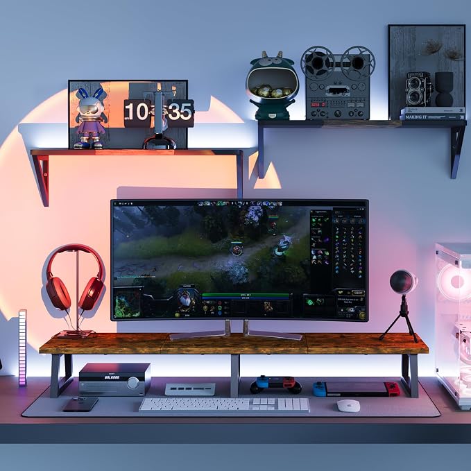 TEAMIX 42 inch Large Dual Monitor Stand Riser,TV Riser,Desk Shelf Organizer | Extra Long Computer Stand, Wood & Steel, Holds 300lbs, Keyboard/PS5/Soundbar Storage Underneath, For Home Office & Gaming