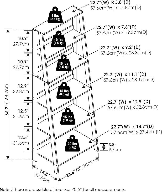 Furinno Ladder 6-Tier Book Shelf, Open Frame Ladder Shelf, White | 14.8 x 23.6 x 66.2, Bookcase, Standing Display Storage Shelves, Storage Rack, for Organization, Living Room, Home Office
