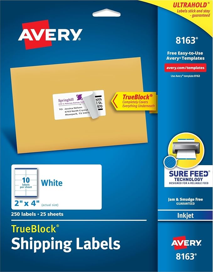 Avery Printable Shipping Labels with Sure Feed, 2" x 4" Customizable Stickers, White, 250 Blank Mailing Labels, Great for Mailing, Shipping, and More (8163)