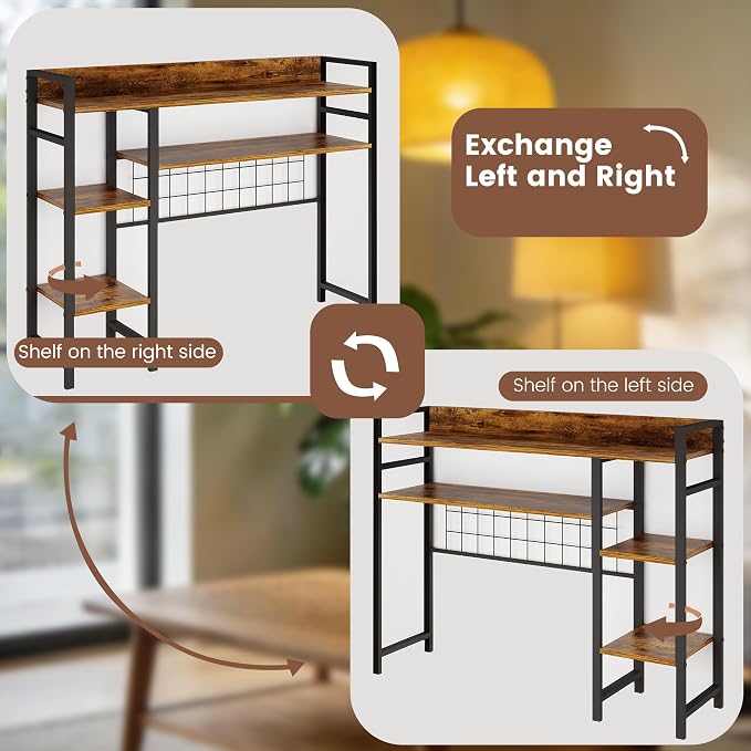 WAYTRIM Desk Shelf, Wood Desk Organizer Shelf 4 Tier Countertop Desktop Bookshelf Cubicle Storage Rack Top of Desk, Desk Hutch Dorm for Top of Desk Pegboard Hooks Set Desktop Display Rack (Brown)