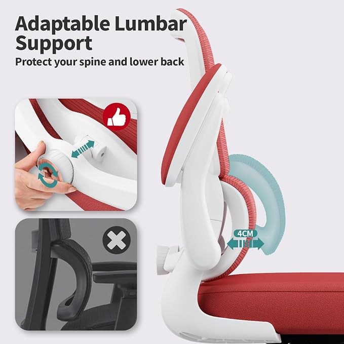 TRALT Office Chair - Ergonomic Desk Chair with Adjustable Lumbar Support, Mesh Computer Chair, Executive Chair for Home Office Comfortable Lumbar Support (1, White Red)
