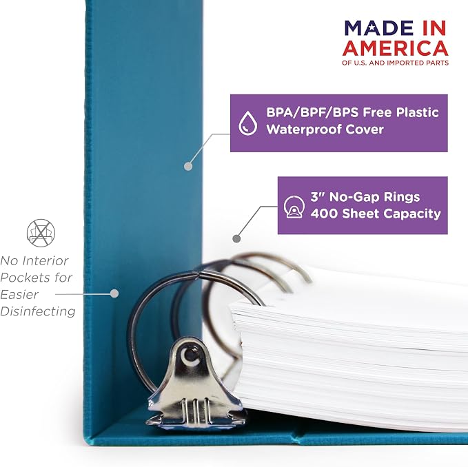 Carstens 3-Inch Heavy Duty 3-Ring Binder - Side Opening, Pool Blue, Durable Plastic, Precision No-Gap Rings, Waterproof Cover, No Pockets, Holds 400 US Letter Sheets, BPA-Free, Made in USA (1700-3R)