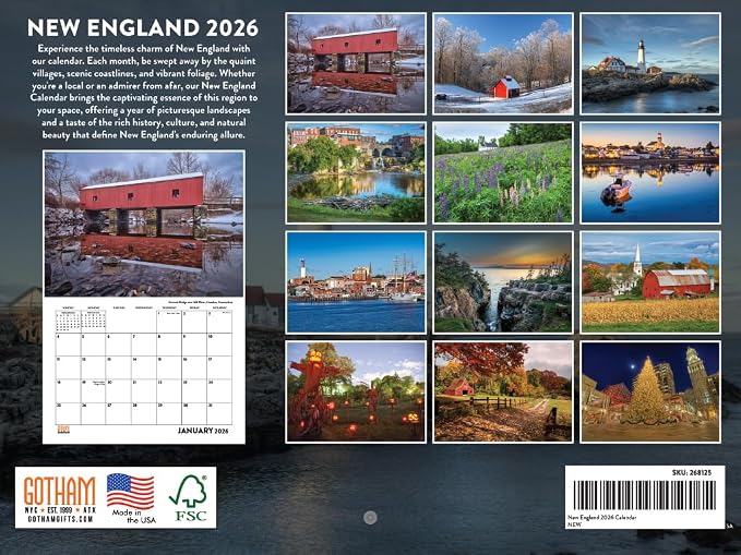 New England Calendar 2026 Wall 12 Month Monthly Scenic Souvenirs Massachusettsan New Englander Themed Gifts | American Made In The USA