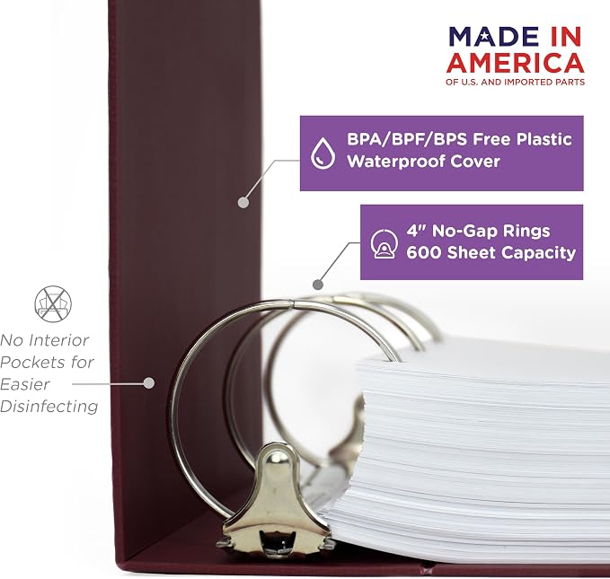 Carstens 4-Inch Heavy Duty 3-Ring Binder - Side Opening, Wine, Durable Plastic, Precision No-Gap Rings, Waterproof Cover, No Pockets, Holds 600 US Letter Sheets, BPA-Free, Made in USA (1843-3R)