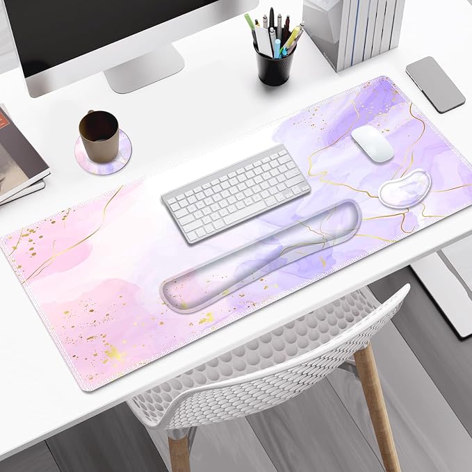 Large Gaming Mouse Pad Set, 4 in 1 Extended Keyboard Desk Mat with Wrist Rest, PC Computer Game Mousepad Set, Non-Slip Desk Pad Easy Typing Pain Relief for Home Office I Pink Purple Marble
