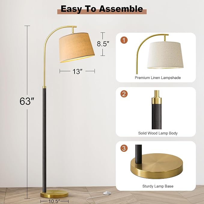 G-SAFAVA Real Wood Floor Lamps for Living Room Bedroom, 62.5" Mid Century Modern Lamp Gold Standing Tall Arc Lamps with Foot Switch, Floor Lamps for Nursery Office Decor Corner Reading Room Light