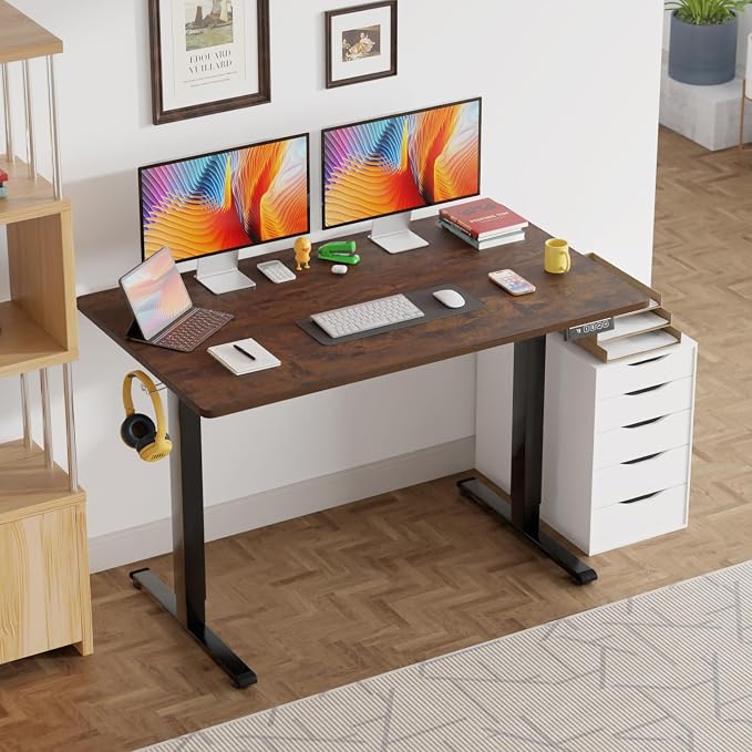 PayLessHere 48 Inch Electric Standing Desk Computer Desk with Large Space and Headphone Holder Office Desk with Electric Lifting and 2 Memory Function for Office Meeting Room,Brown