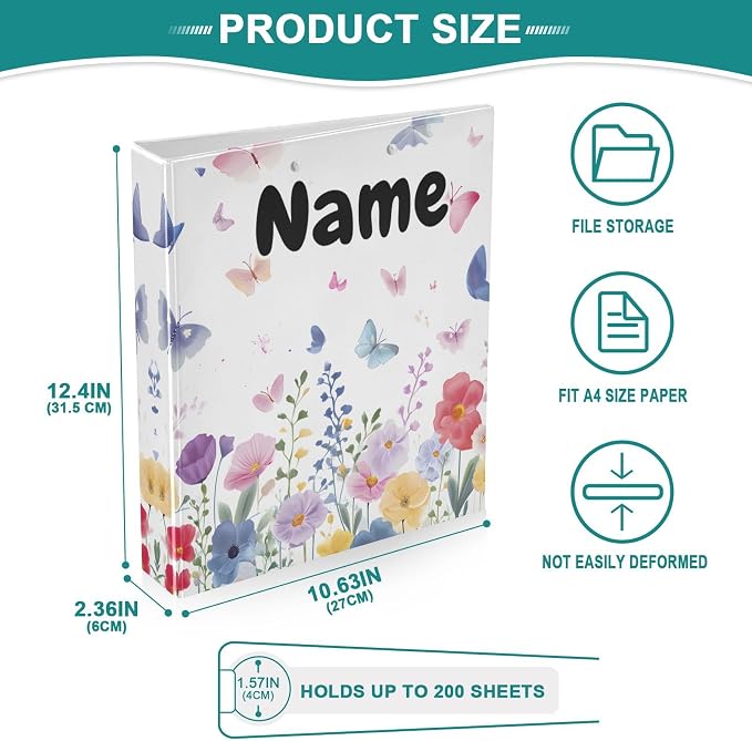 Custom 3 Ring Binder Butterfly Blossom Spring Flowers 1.5" Round Ring Binders Personalized Name View Binder with 200 Sheet for Kids School Supplies Women Men Office, 1 Pack