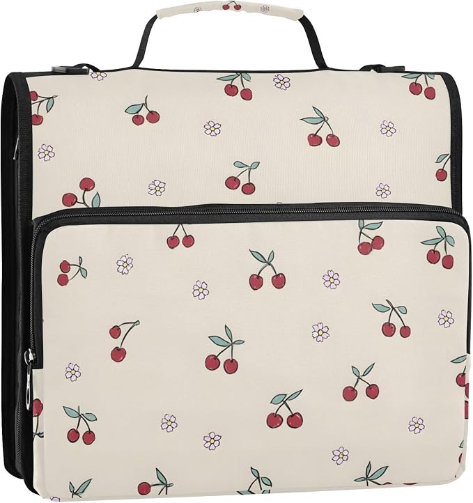 Zipper Binder 3 Ring Binder with Shoulder Strap Cherry Flower Pattern 500 Sheet Capacity Storage Organizer File Folder