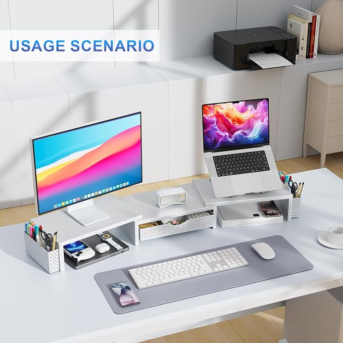 gianotter Dual Monitor Stand Riser With Drawer and 2 Pen Holders | Computer Monitor Stand Desk Organizer and Accessories Desk Shelf for Top of Desk (White)