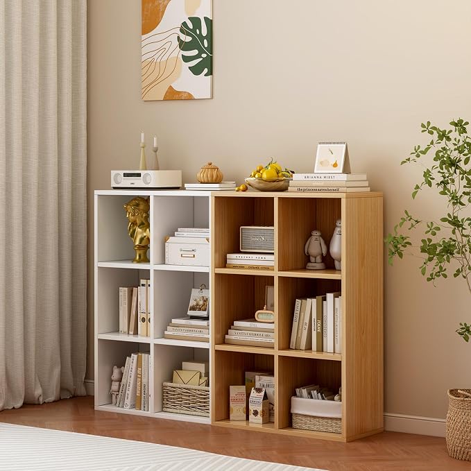 6-Cube Storage Shelf Bookcase, Oak | Wooden 3-Tier Open Bookshelf, Fits 11×11" Bins, Vertical or Horizontal Use, Full Back Panels, For Home Office