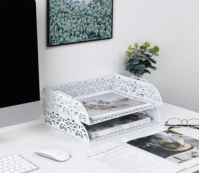 2 Tier Desktop File Organizer Metal Stackable Letter Tray Paper Holder Rack for Desk, White