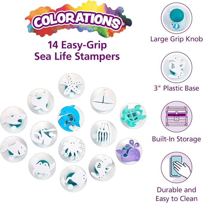 Colorations SEASTAMP Easy-Grip Stampers, Sea Life (Pack of 14) | Ages 3+, PreK+, School Art Supplies, Craft Projects, Children, Gift, Classroom, Home