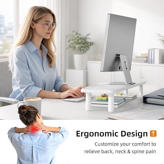 AFOOYO Dual Monitor Stand For Desk,31 Inch Adjustable Wood Computer Riser Desktop Storage Stand For Computer,Laptop,Printer,TV,White Scroll