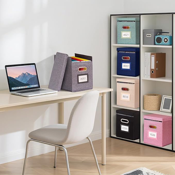 4 Pack Hanging File Folders Organizer with Lid, Letter Size Fabric File Storage Box Collapsible, Portable Office Document Holder with Metal Handle, Smooth PVC Rails, Beige