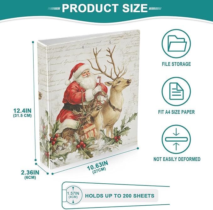 Vintage Santa Claus and Reindeer Xmas 3 Ring Binder 1.5" Decorative D-Ring Binder with Clipboard&3 Clear Pockets, Holds 200 Sheets A4 Size Paper Waterproof Binders for School Home Office