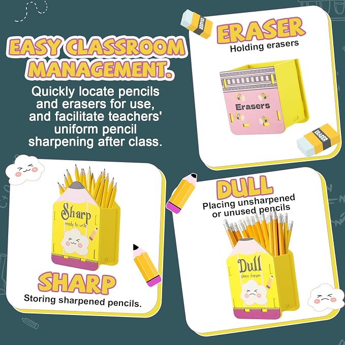 3 Pcs Pencil Shaped Holder Eraser Storage Bucket Wooden Sharp and Dull Holder Cute Wood Pencil Dispenser for Back to School Classroom Students Teachers Office Desk Organization Accessories
