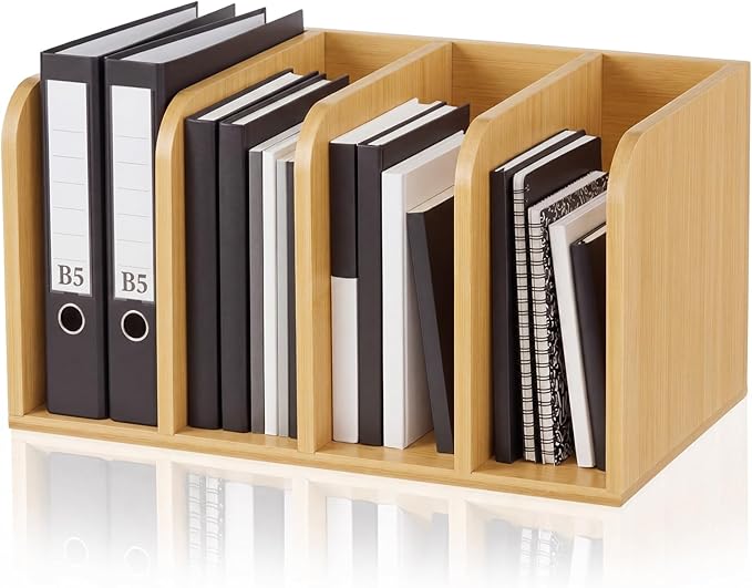 Novabright 4-slot Bamboo Wooden Magazine File Holder Desk Organizer, 4 Vertical Compartments Workspace Sorters for Magazines, Binders, Notebooks, Envelopes