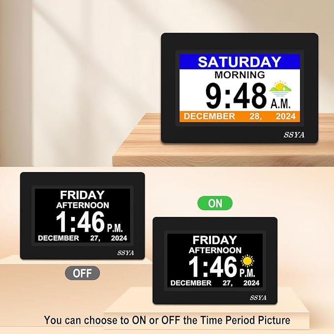 SSYA 7 Inch Calendar Clock - 12 Alarm Options, Level 5 Auto Dimmable Display,Extra Large Impaired Vision Digital Clock with Non-Abbreviated Day & Month (Black)