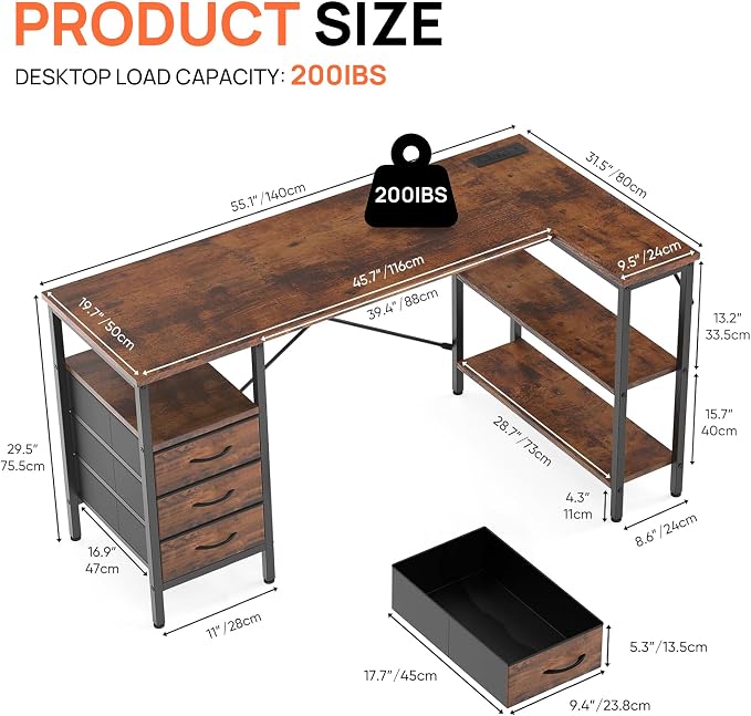 Alpen L Shaped Computer Desk, 55 Inch Corner Desk with Drawers and Power Outlets, Home Office Desk for Gaming, Study Writing PC Table with Storage and Reversible Shelf, Brown