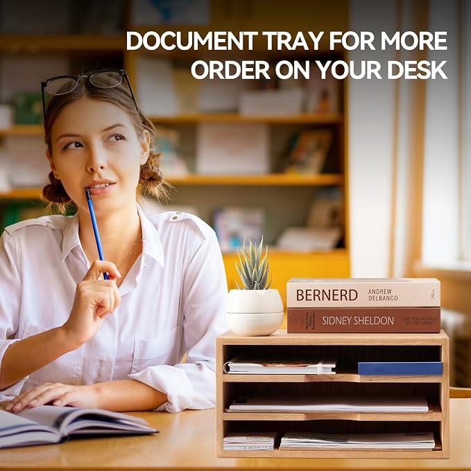 KIRIGEN Wooden Desk Organizer 3-Tier Letter Tray and Paper Sorter, Natural | Solid Wood Paper Tray Document Holder Organizer for Letters, Files, Folders, Mail, Magazines and Office Supplies
