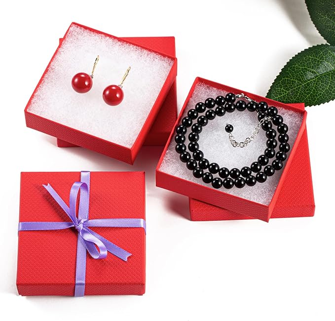 Magicool 20 Pack 3.5x3.5x1 Inch Red Cardboard Jewelry Boxes, Gift Boxes with Lids and Cotton, Perfect for DIY, Wedding, Engagement, Mother's Day, Birthday