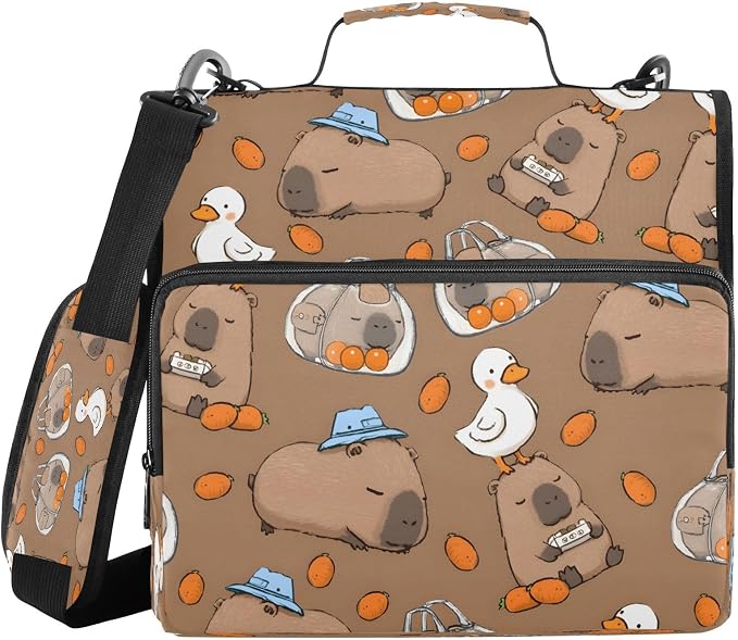 ALAZA Zipper Binder 3 Ring Cute Capybara White Ducks Binder Organizer with Zipper and Shoulder Strap Large Capacity Multi-Pocket Trapper Keeper File Folder for Office Supplies