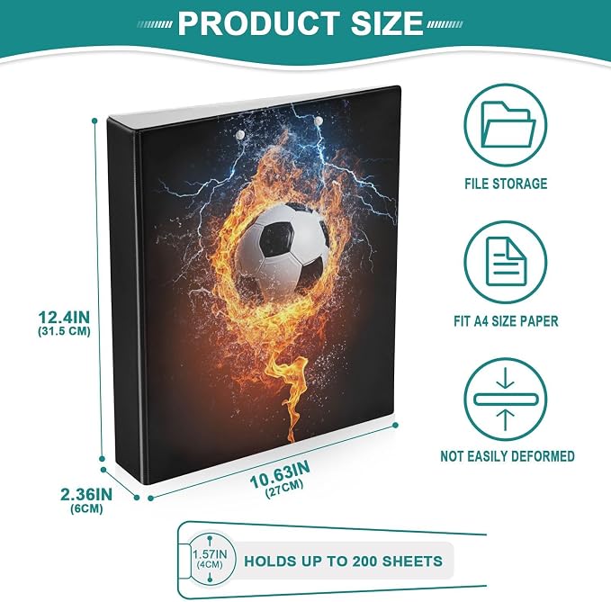 Fire and Lighting Soccer Ball Binder 3 Ring 1.5 Inch Binder with Clipboard&Pockets, Football Hardcover Binders Heavy Duty Large File Folder for Office School Supplies - Holds 200 Sheets, 2 PC