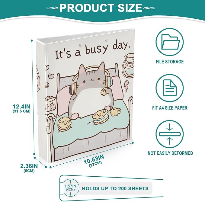 Funny Cute Cat Chill Lazy Kitty Binder 1.5 Inch Binder with Clipboard&Pockets, Hardcover Binders 3 Ring, Heavy Duty Large File Folder for Office School Supplies - Holds 200 Sheets