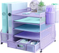 Desk Organiser with 2 Pack Magazine File Holder, 5-Tier Paper Tray Organiser with Drawer and 2 Pen Holder, Letter Tray Multifunctional for Office, School, Home - Purple