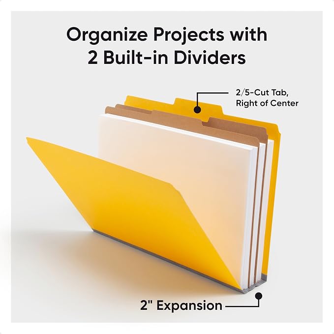 Smead Pressboard Legal Size File Folders with SafeSHIELD Fasteners, 2 Dividers, 2" Expansion, Office Folders, Paper Holder, Yellow, 10 per Box (19034)