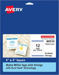 Avery® Square Tags, Sure Feed® Technology, 2" x 2", Matte White, Strings Included, 120 Total, Print-to-the-Edge, Laser/Inkjet Printable (80513)