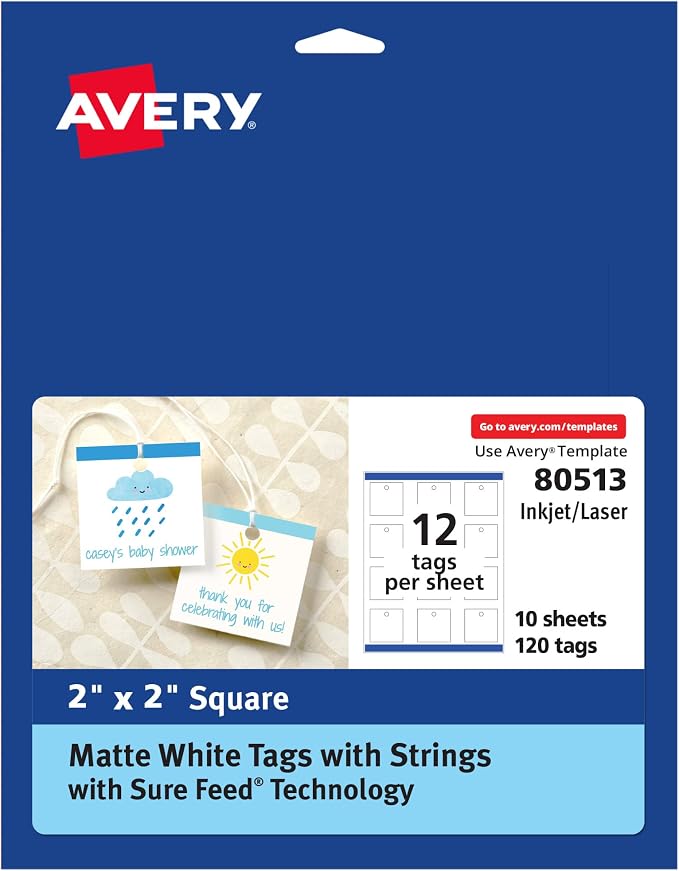 Avery® Square Tags, Sure Feed® Technology, 2" x 2", Matte White, Strings Included, 120 Total, Print-to-the-Edge, Laser/Inkjet Printable (80513)