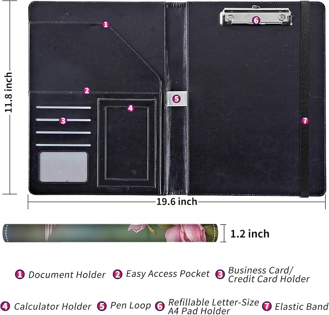 Padfolio/Portfolio Folder Clipboard,Padfolio Clipboard,Writing Portfolio Leather with Cover for Card Holder Slot Letter Size A4 for Office Conference Notepad Clip Boards,Birds Pink Flowers